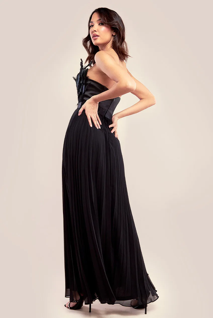 Feather Off The Shoulder Pleated Evening Maxi Dress - Black by Goddiva