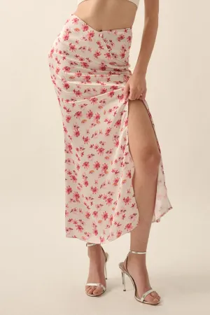 Floral Satin Curve Button-Front Maxi Skirt