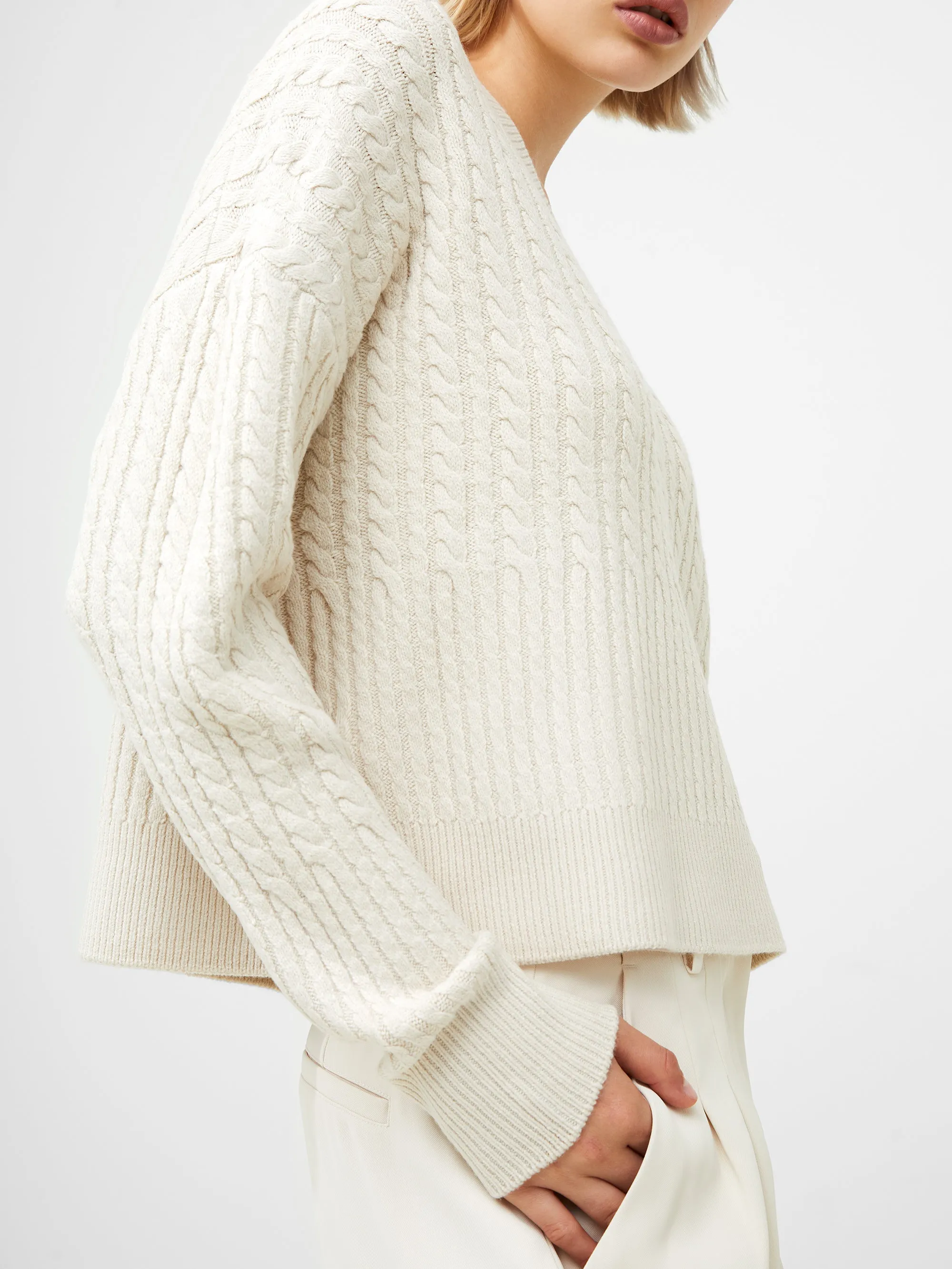 French Connection Babysoft Cable V Neck Jumper - Cream