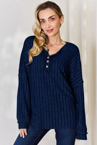 Full Size Ribbed Half Button Long Sleeve T-Shirt