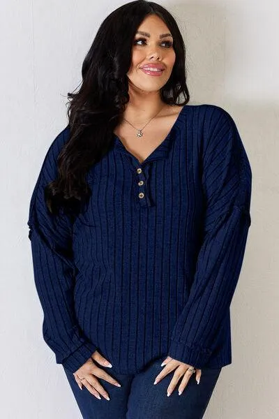 Full Size Ribbed Half Button Long Sleeve T-Shirt