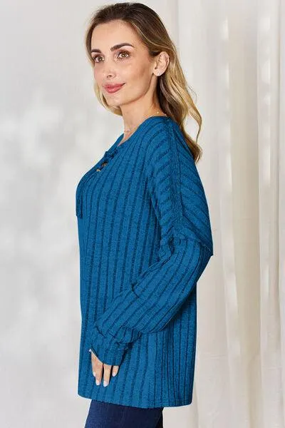 Full Size Ribbed Half Button Long Sleeve T-Shirt