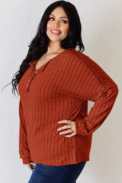 Full Size Ribbed Half Button Long Sleeve T-Shirt