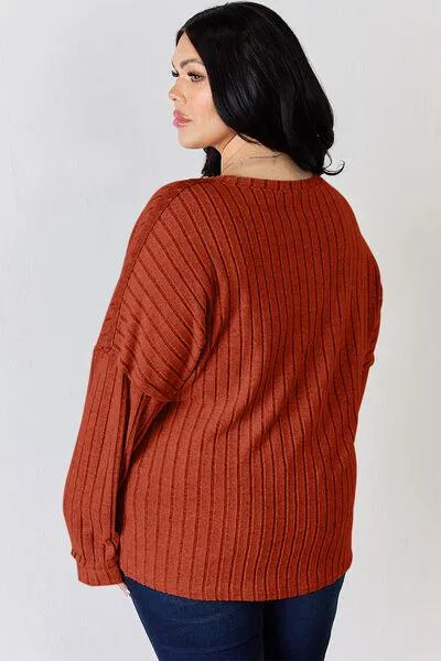 Full Size Ribbed Half Button Long Sleeve T-Shirt