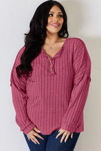 Full Size Ribbed Half Button Long Sleeve T-Shirt