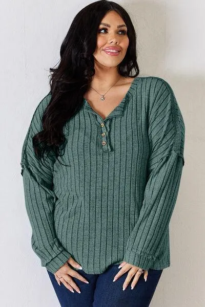 Full Size Ribbed Half Button Long Sleeve T-Shirt