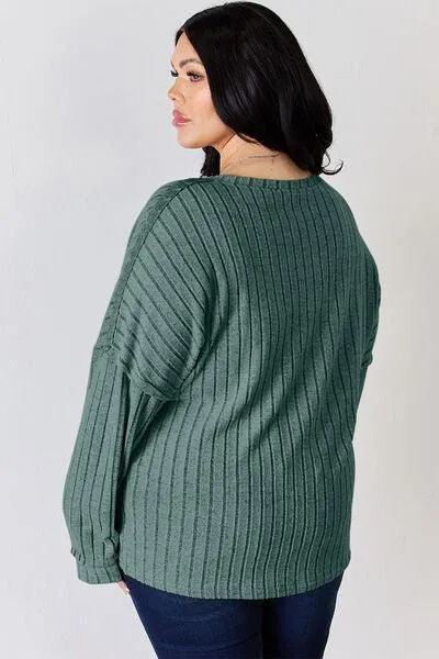 Full Size Ribbed Half Button Long Sleeve T-Shirt