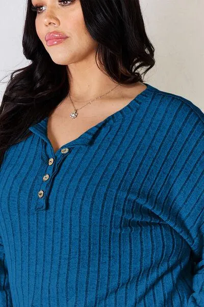 Full Size Ribbed Half Button Long Sleeve T-Shirt