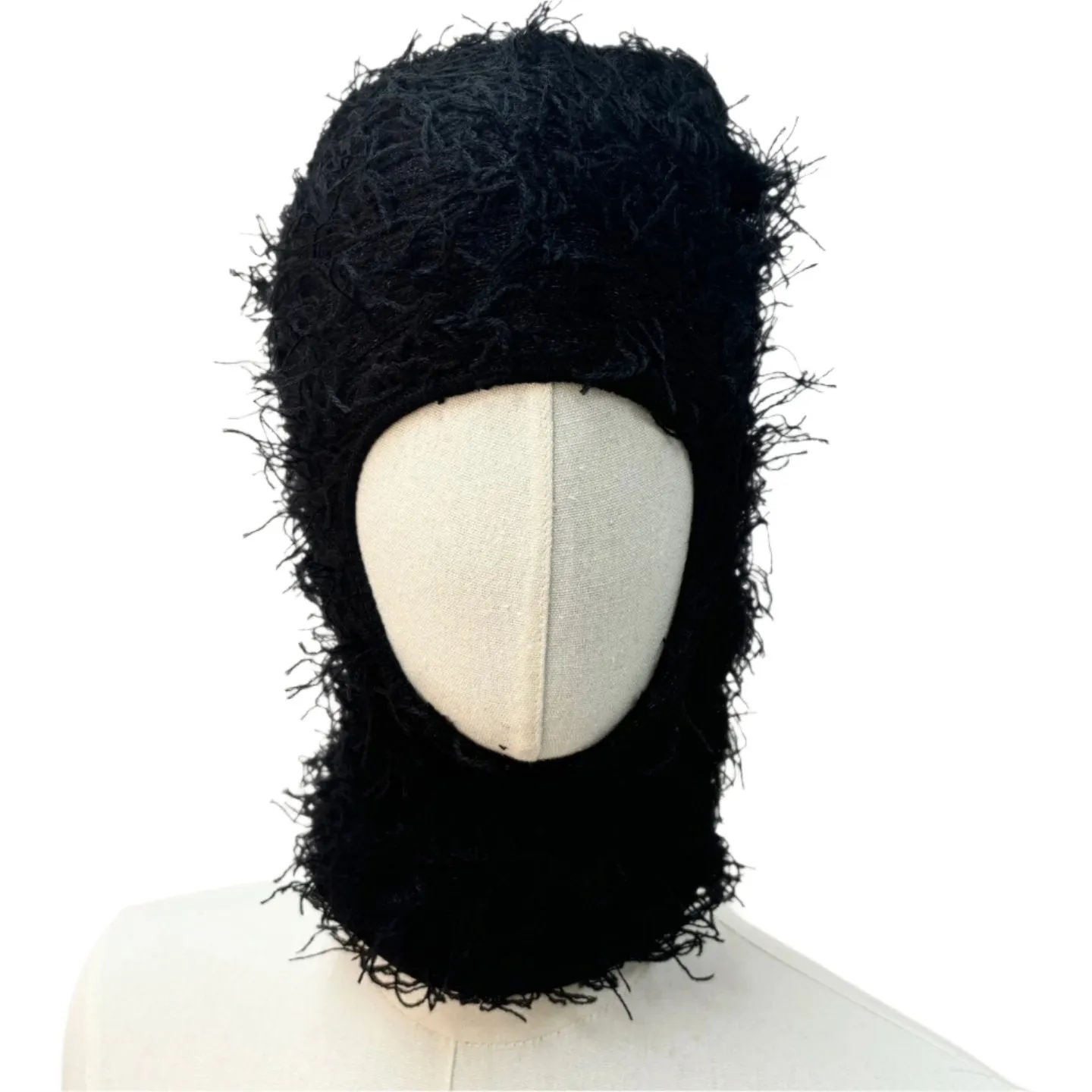 Fuzzy Shiesty Balaclava Distressed Knitted Full Face Ski Mask - Black