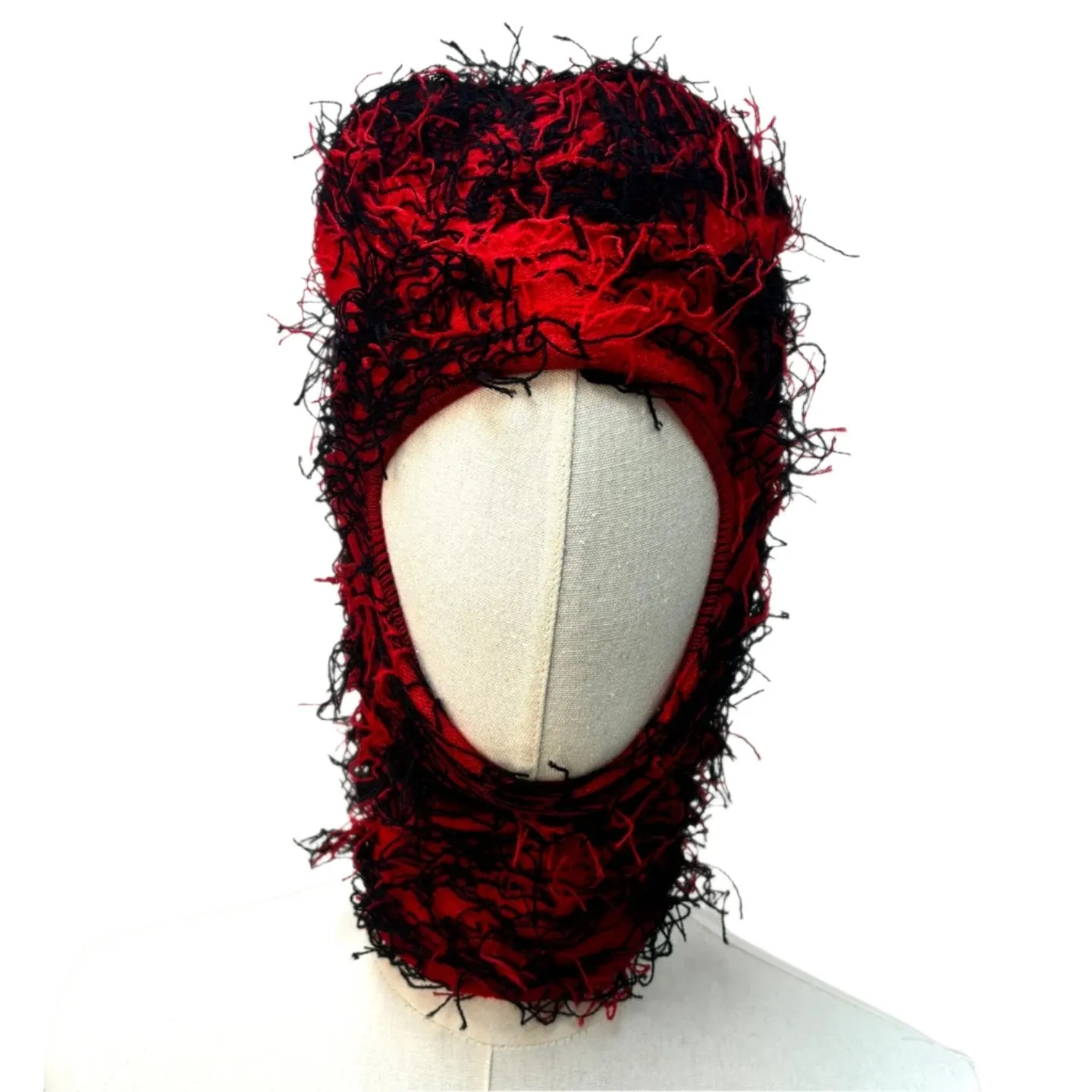 Fuzzy Shiesty Balaclava Distressed Knitted Full Face Ski Mask - Black/Red