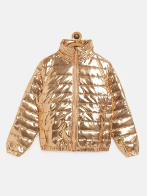 Girls Copper Metallic Full Sleeve Puffer Jacket