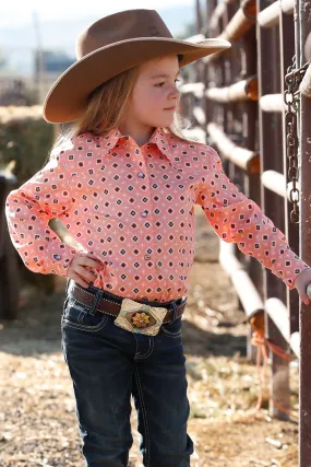 GIRLS GEOMETRIC PRINT WESTERN SHIRT - PEACH / NAVY