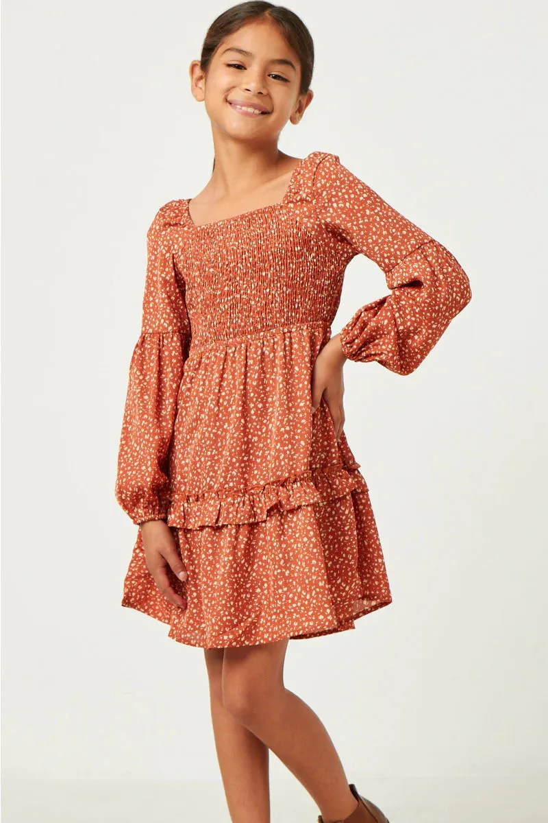 Girls Smocked Puff Sleeve Ruffled Dress