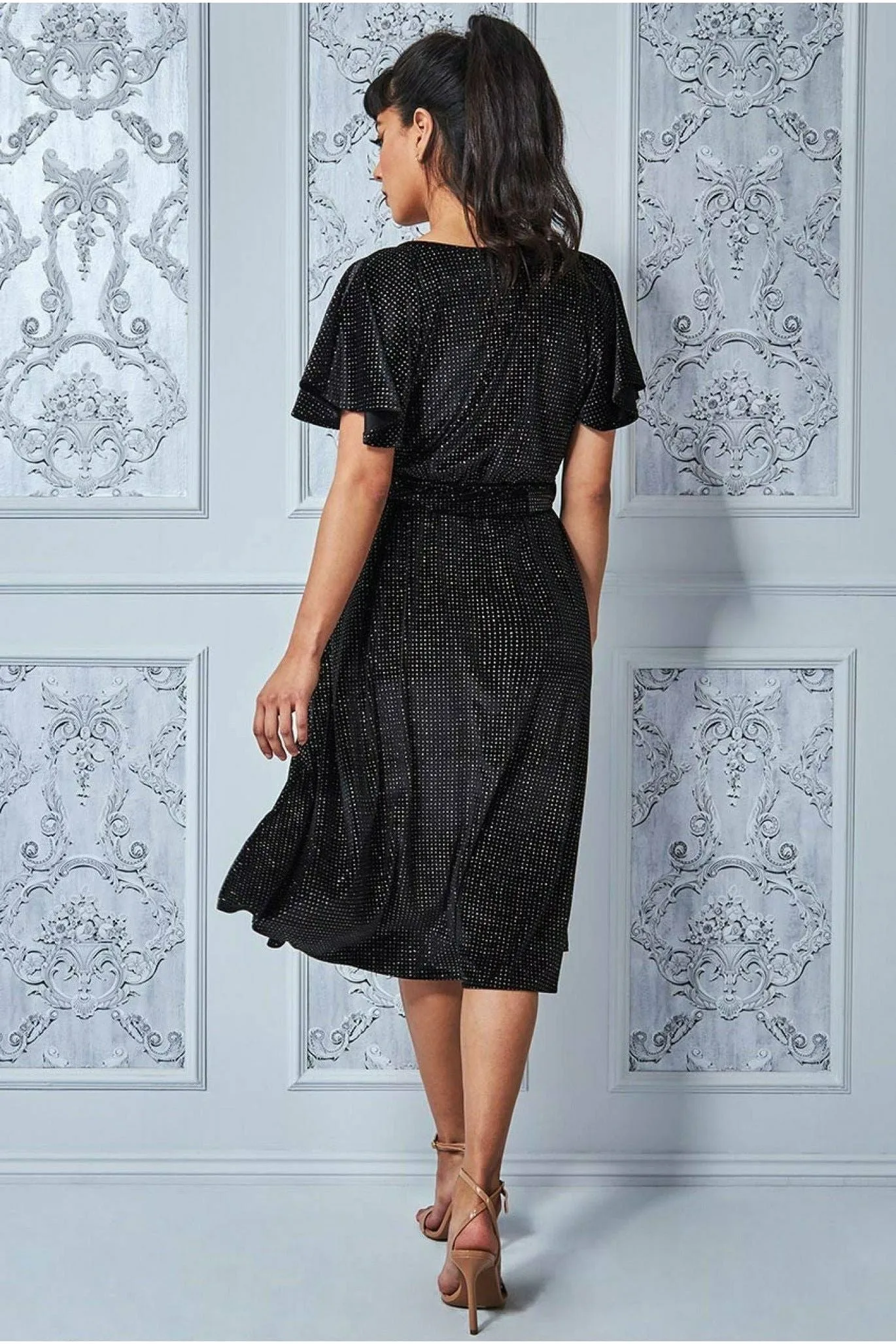 Goddiva Sparkle Wrap Style Flutter Sleeve Midi Dress - Black