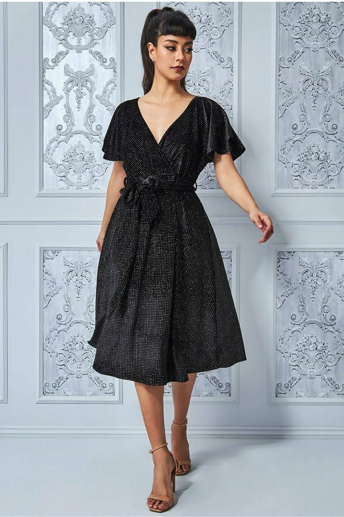 Goddiva Sparkle Wrap Style Flutter Sleeve Midi Dress - Black