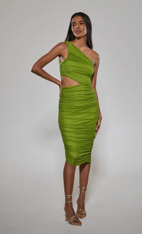 Green One Shoulder Ruched Midi Dress