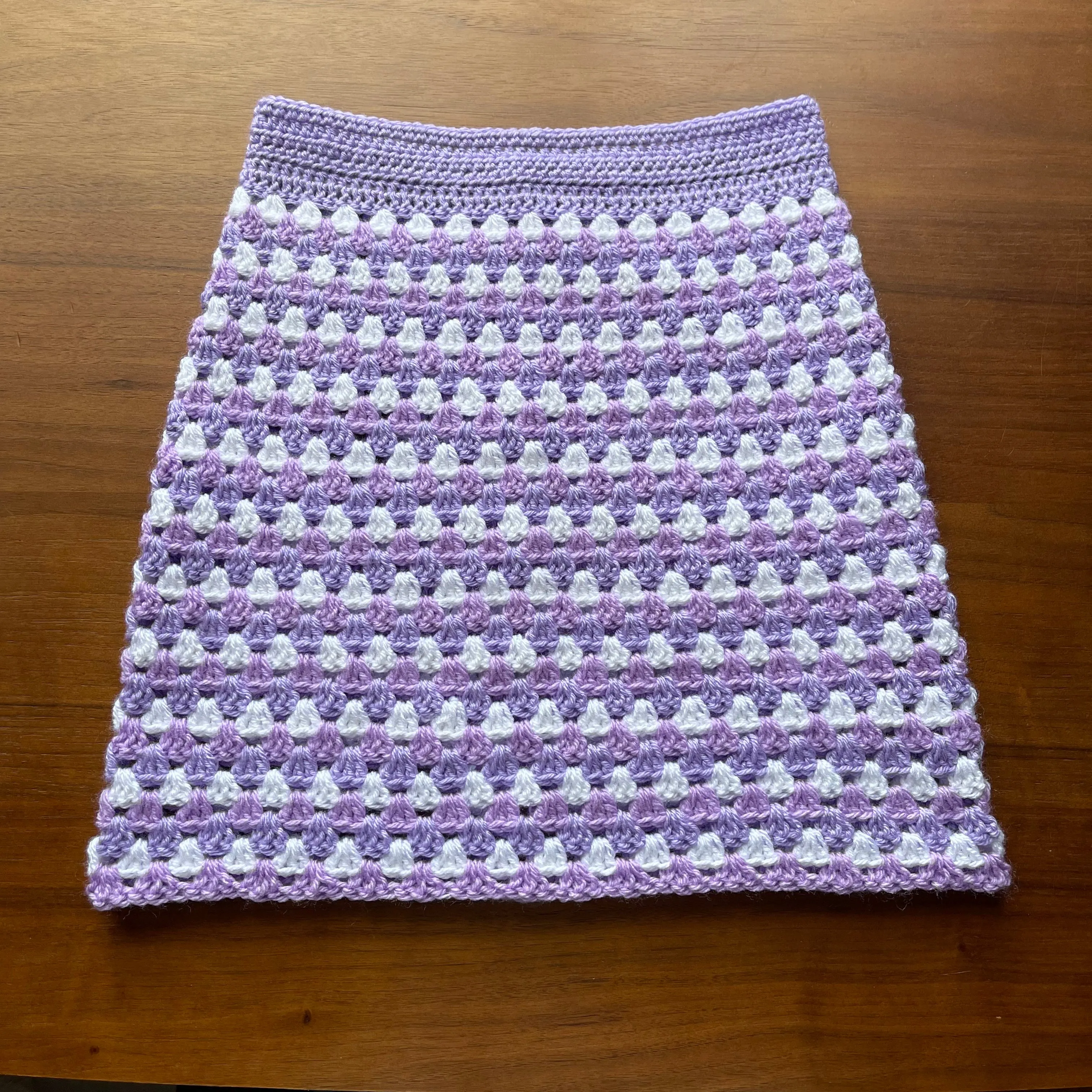 Handmade retro crochet mini skirt in lilac and white