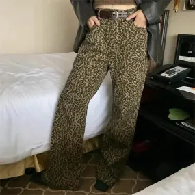 HEYFANCYSTYLE Leopard Denim Flare Pants