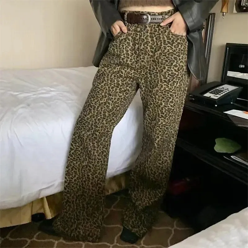 HEYFANCYSTYLE Leopard Denim Flare Pants