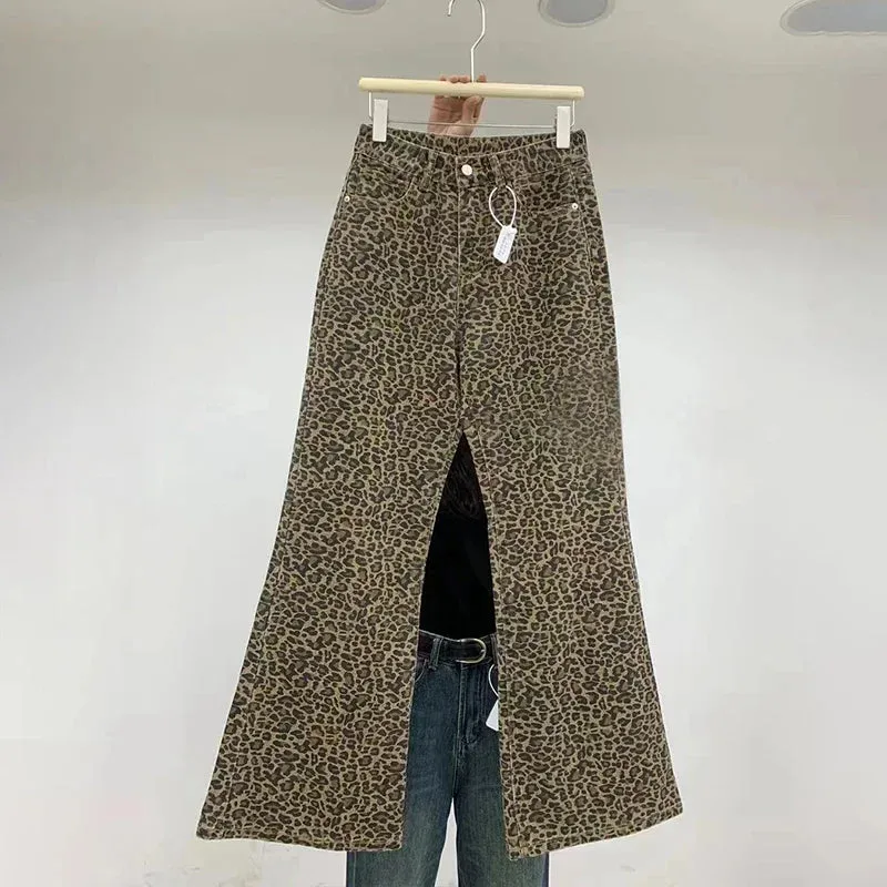 HEYFANCYSTYLE Leopard Denim Flare Pants