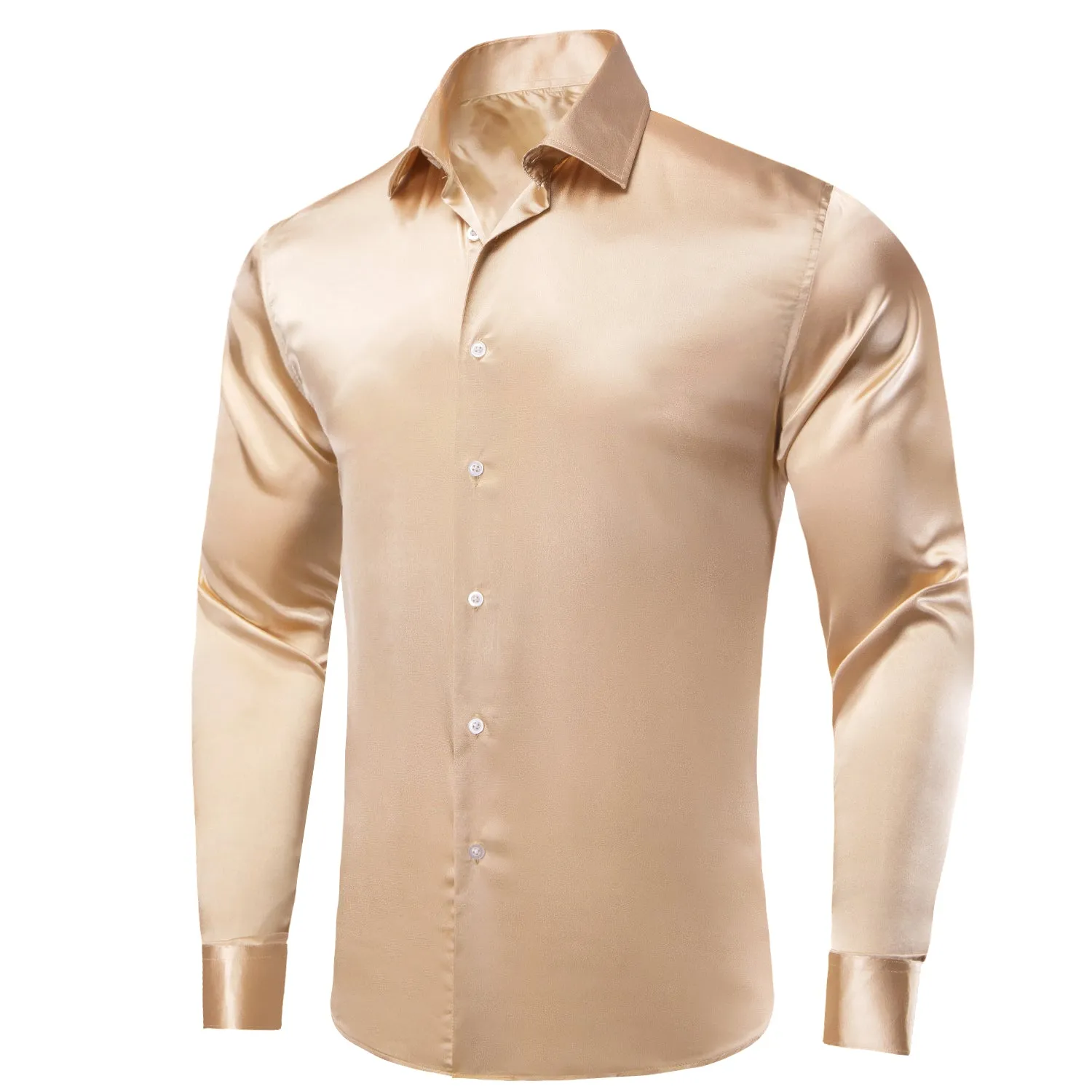 Hi-Tie Champagne Shirt Solid Satin Mens Long Sleeve Dress Shirt Formal