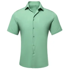 Hi-Tie Mint Green Solid Silk Men Short Sleeve Collar Shirt Summer Top