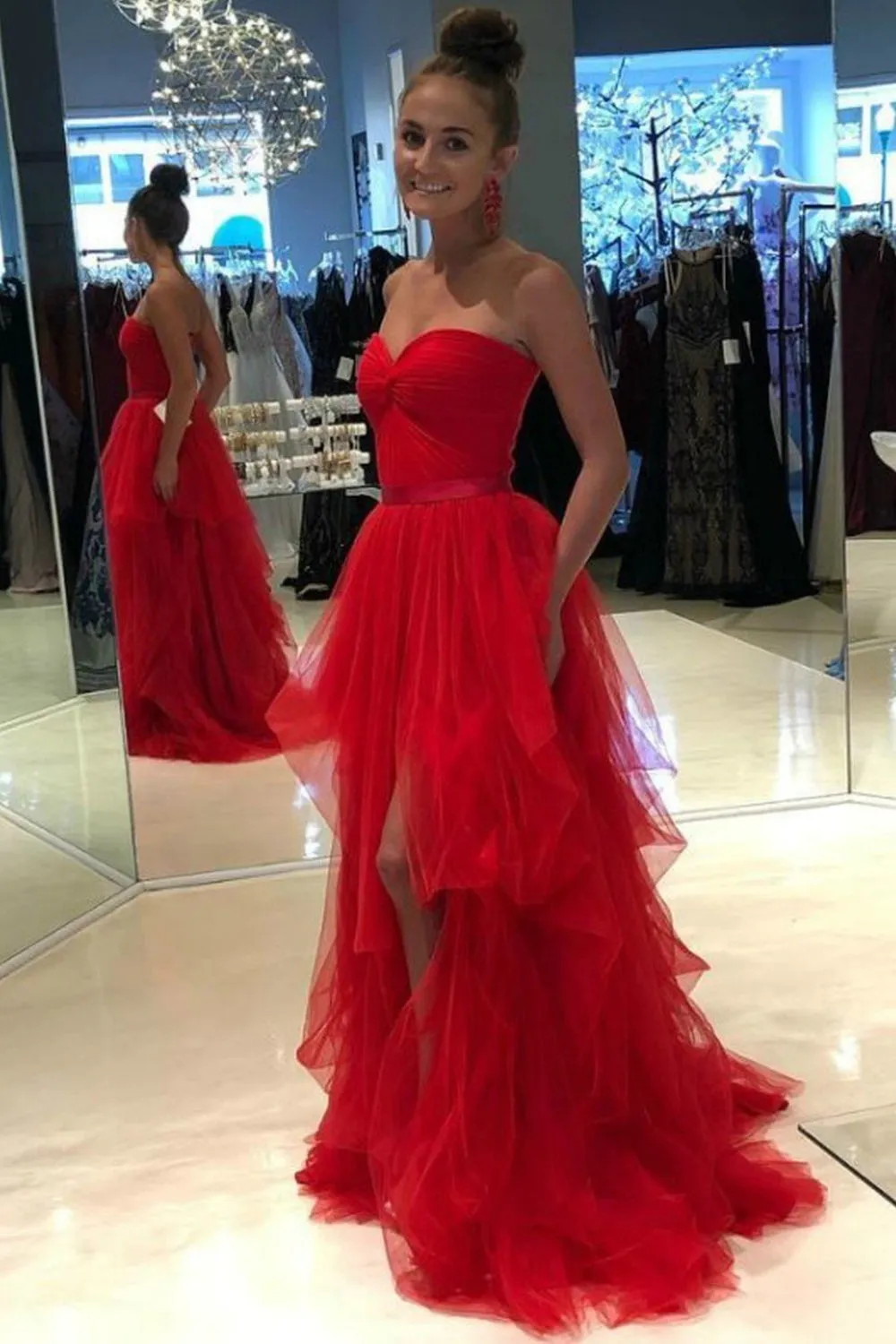 High Low Strapless Champagne/Red Tulle Long Prom, Long Champagne/Red Formal Graduation Evening