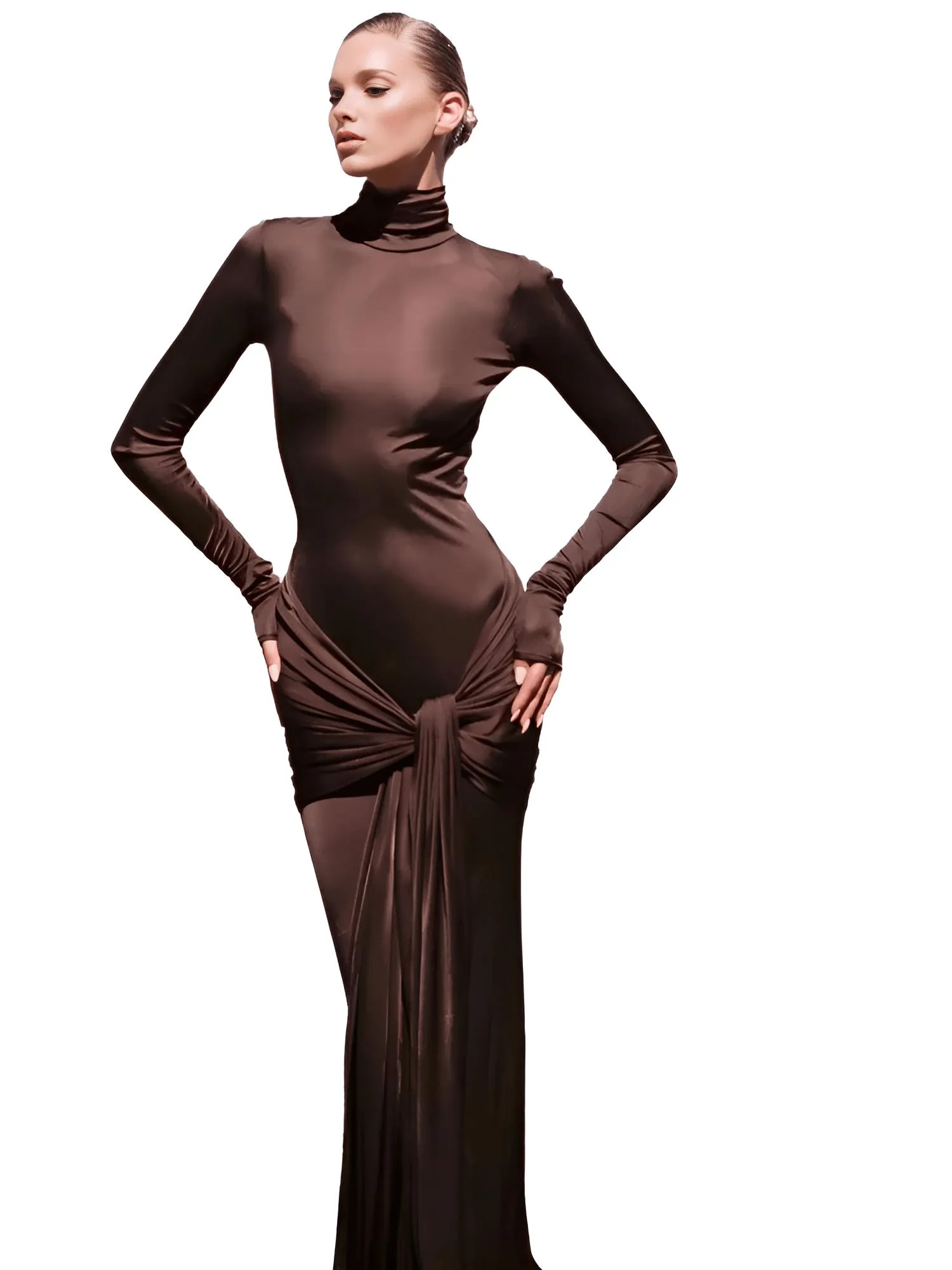 High Neck Maxi Dress Long Sleeve Tight Dress For Women Elastic Lace Up Long Dress Party Club Dress