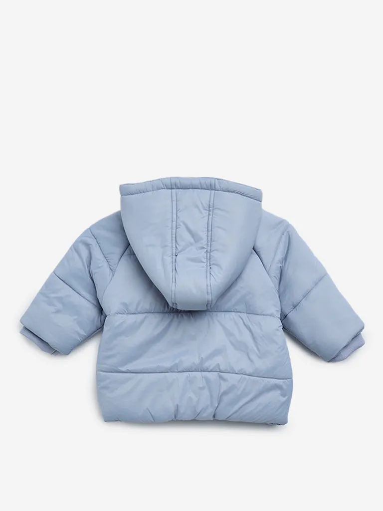 HOP Baby Blue Text Embroidered Hooded Puffer Jacket