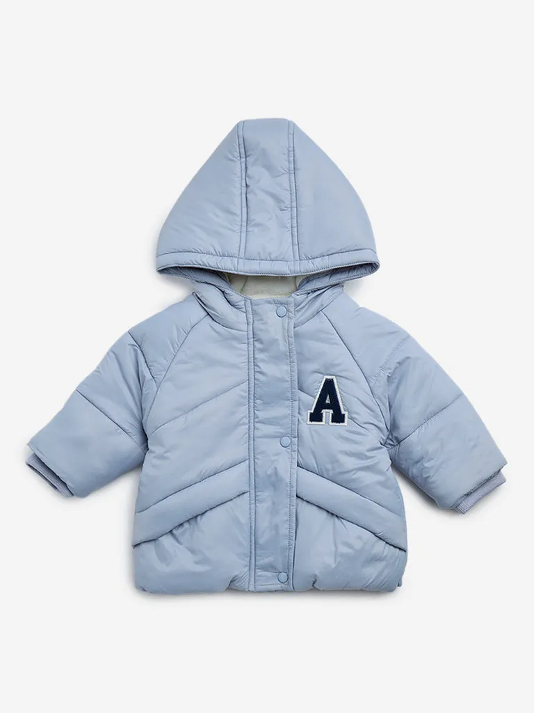 HOP Baby Blue Text Embroidered Hooded Puffer Jacket