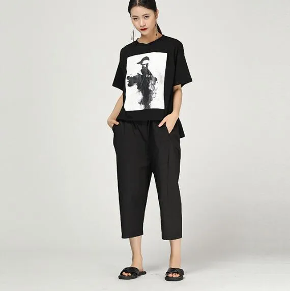 Irregular Black Summer Wide Legs Women Casual Harem Pants HD971317