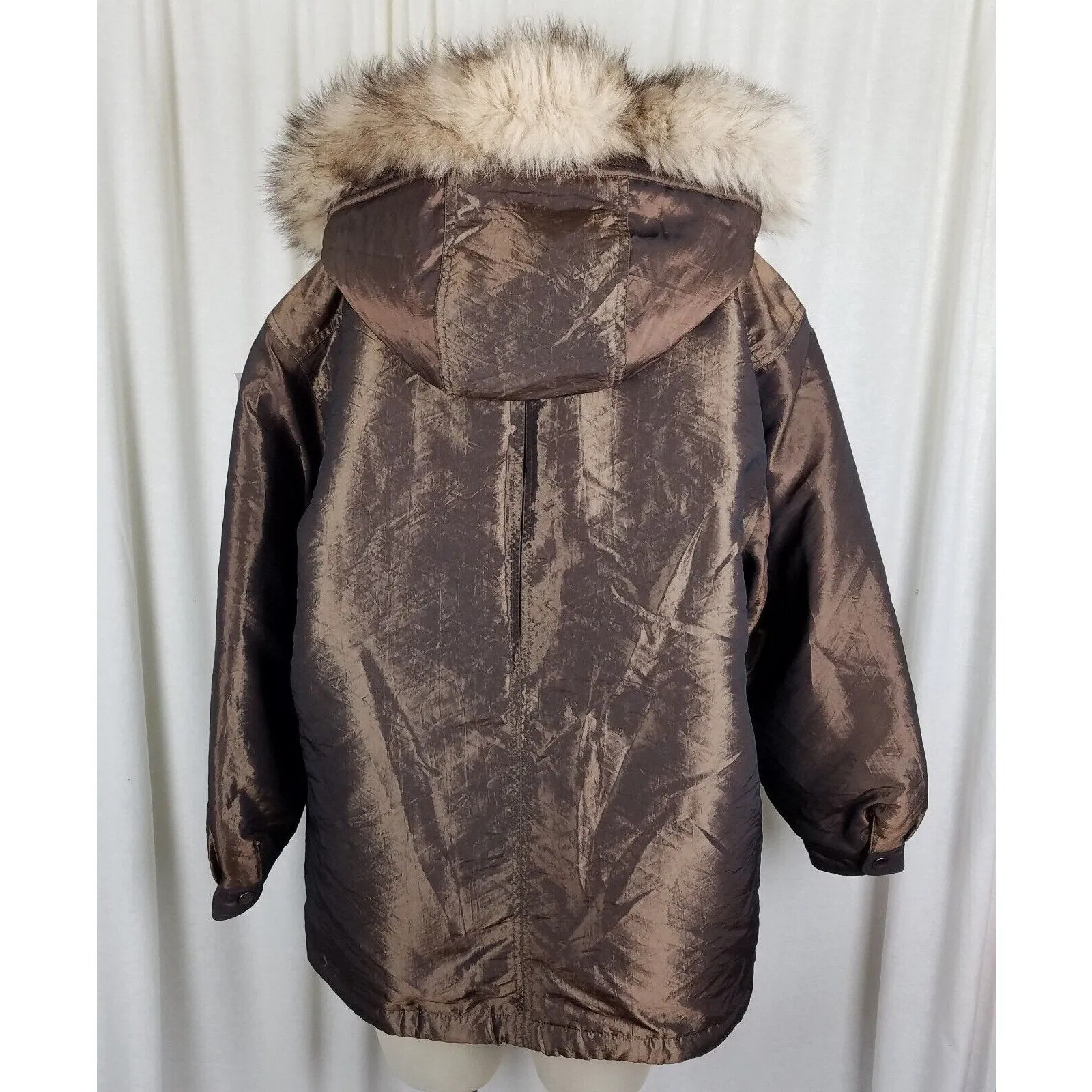 JG Hook Faux Fur Trim Hooded Winter Jacket Metallic Puffer Parka Womens size 6