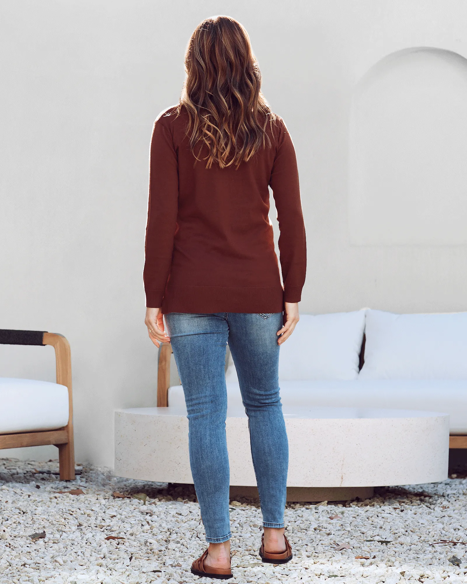 Jolie Maternity Lightweight Polo Knit Sweater in Brown