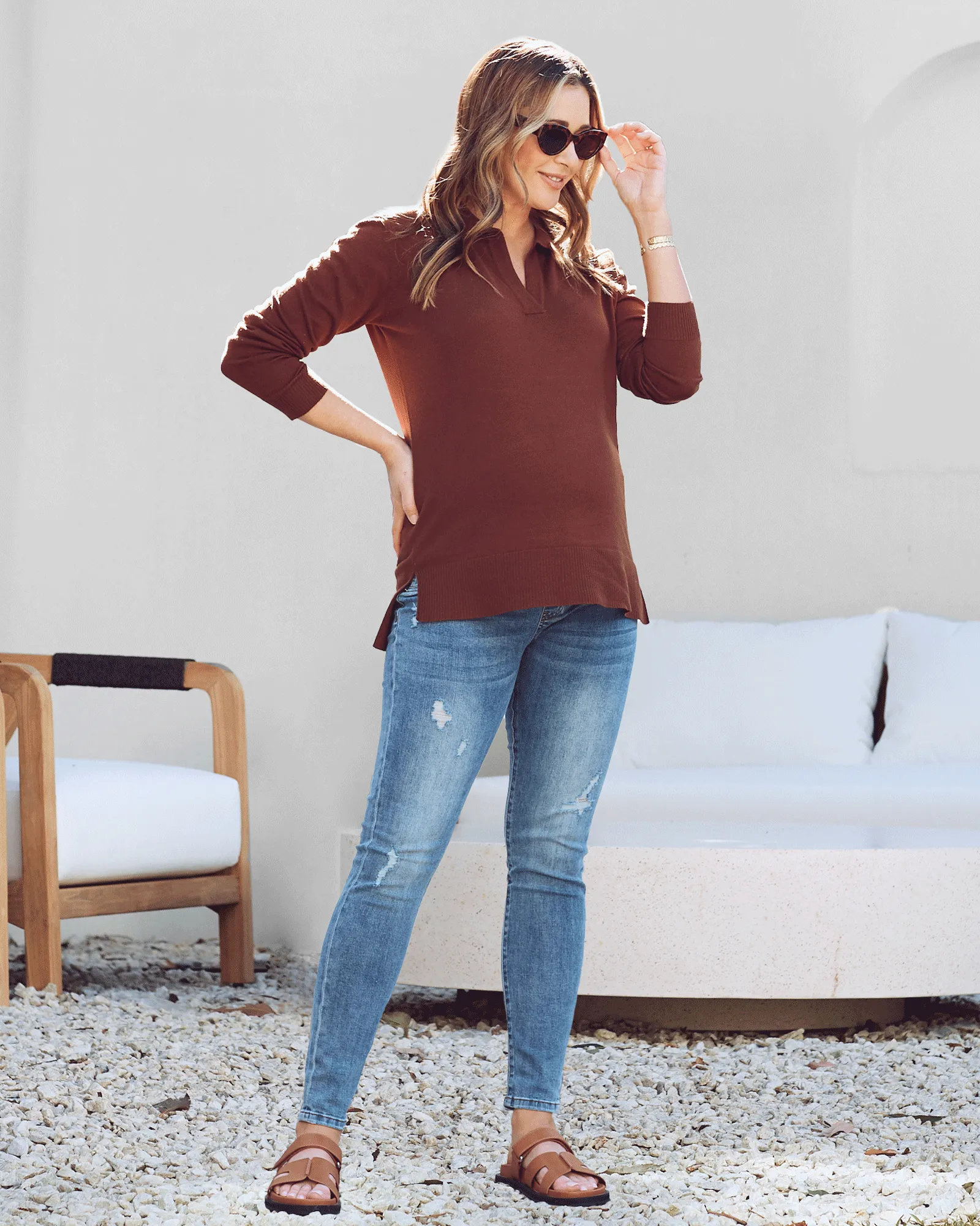 Jolie Maternity Lightweight Polo Knit Sweater in Brown