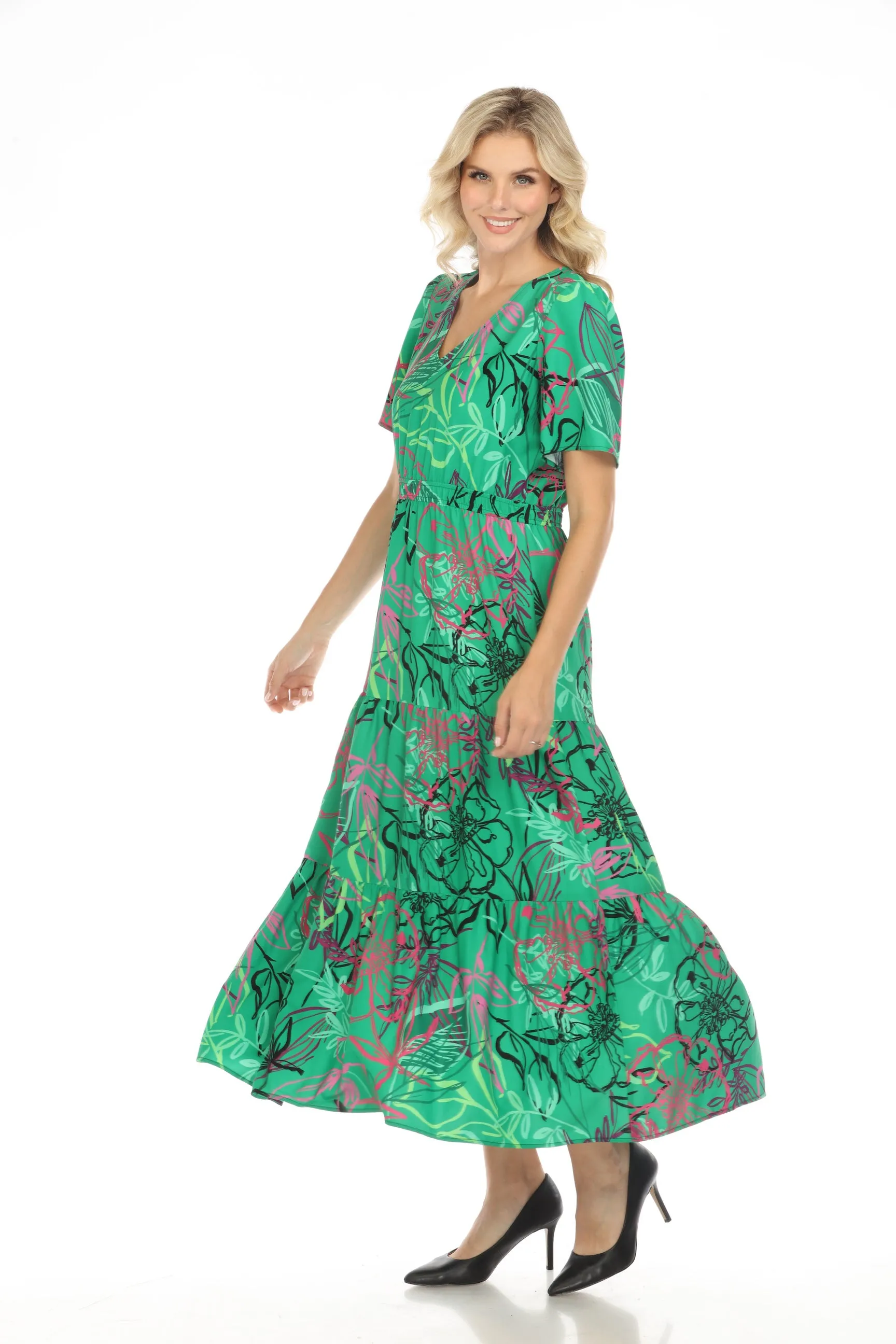 Joseph Ribkoff Green/Multi Floral Print Tiered Maxi Dress 242229