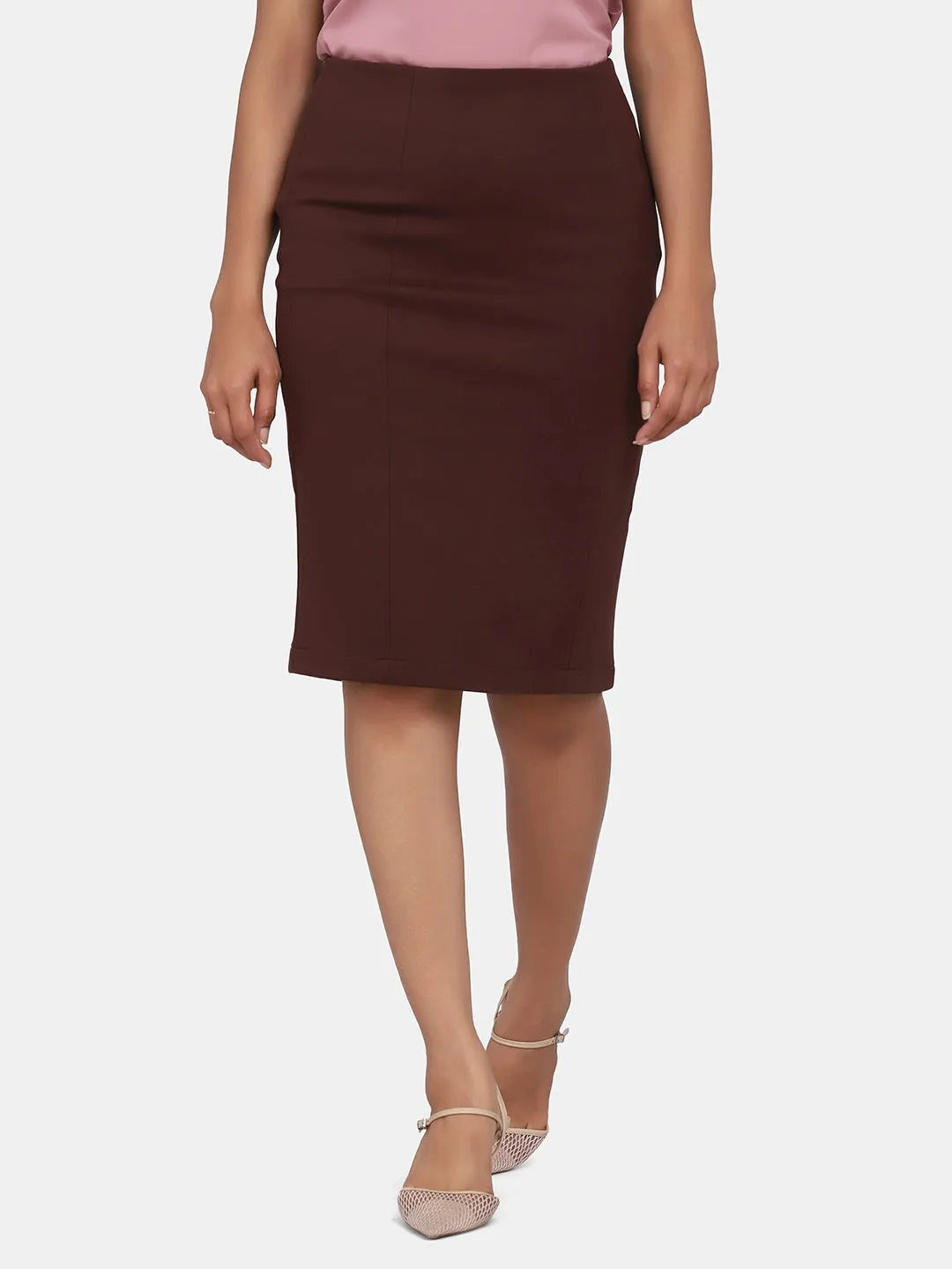 Ladies Stretch Pencil Skirt - Chocolate Brown