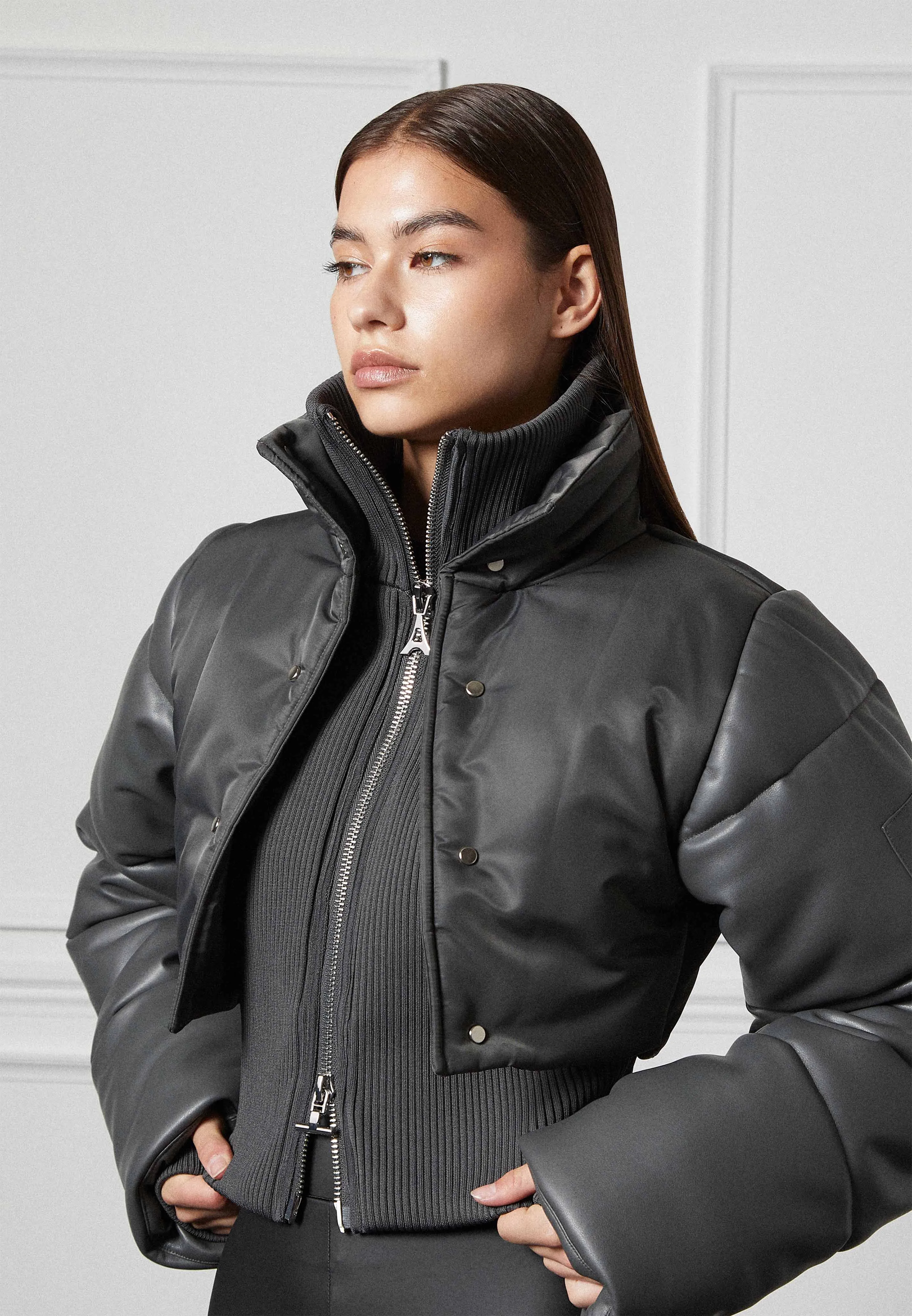 Leather and Nylon Layered Puffer Jacket - Grey