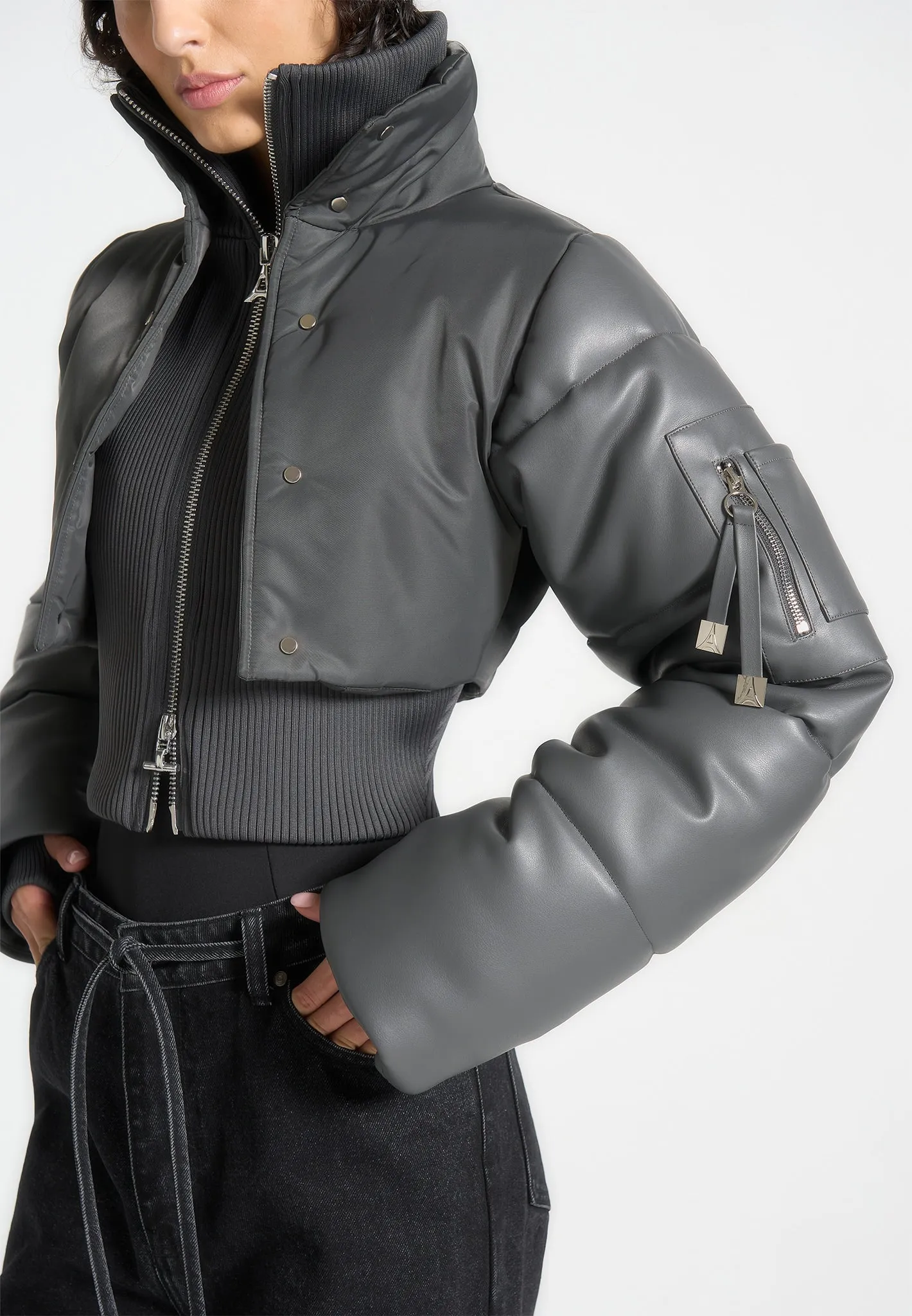 Leather and Nylon Layered Puffer Jacket - Grey