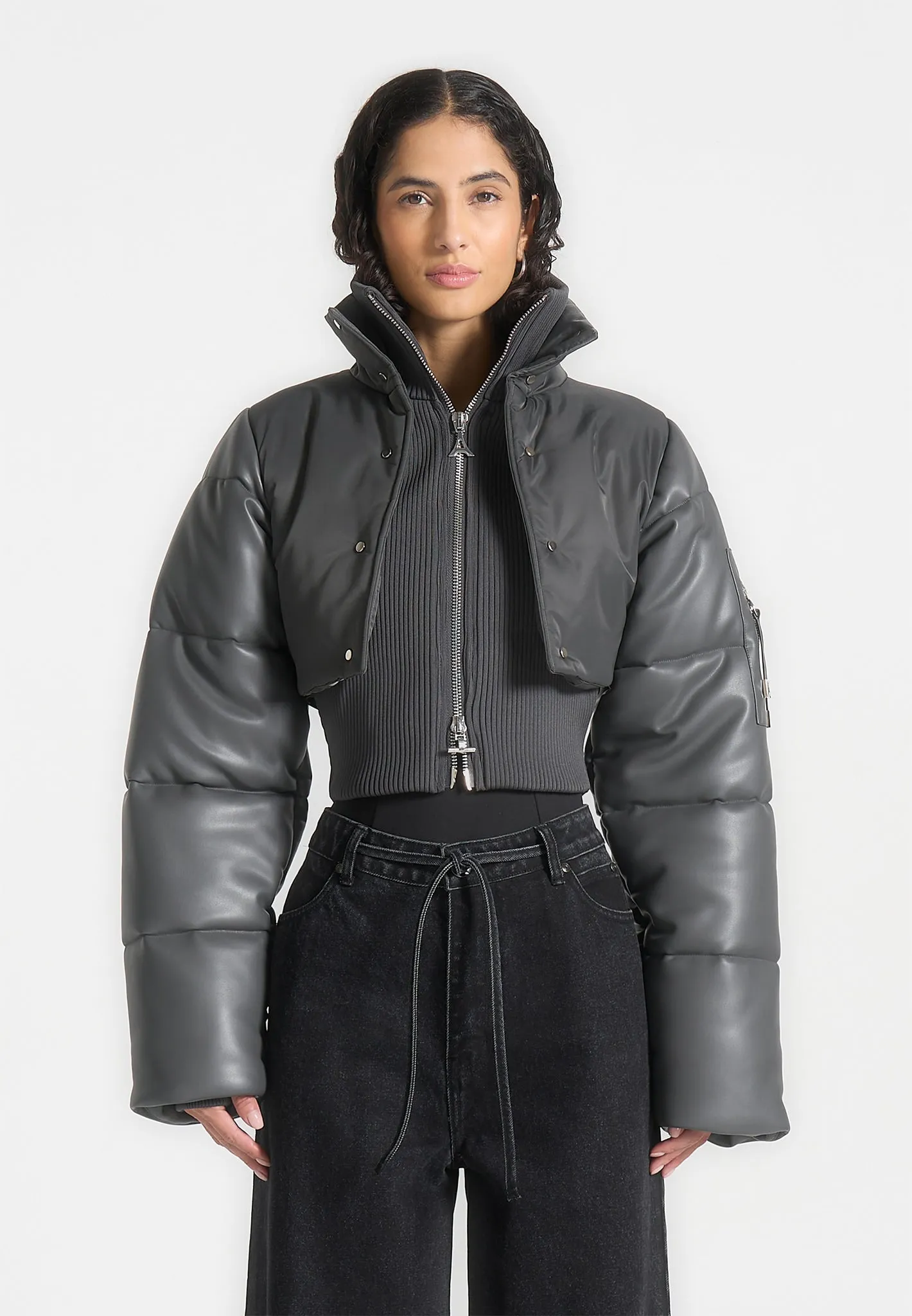 Leather and Nylon Layered Puffer Jacket - Grey