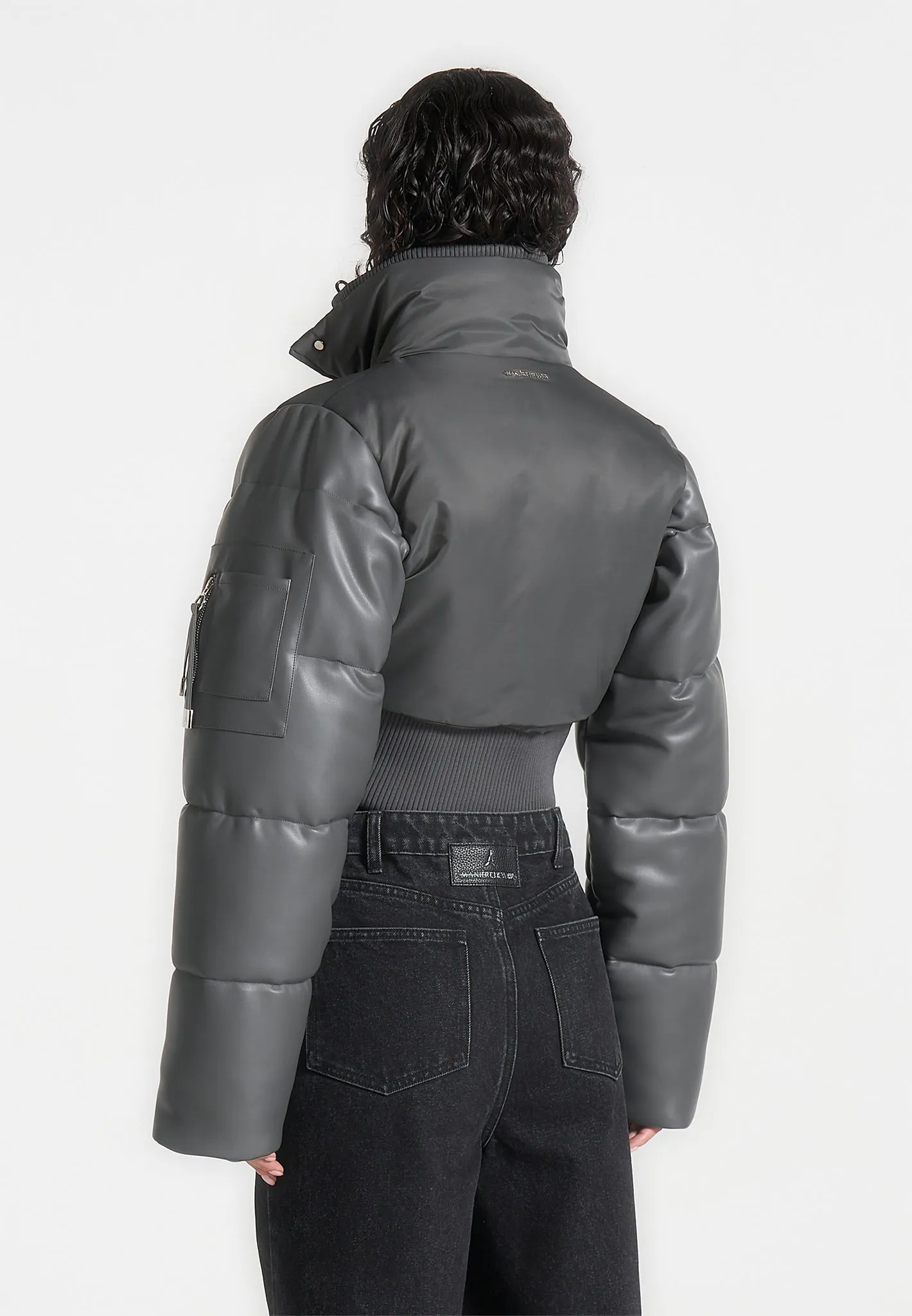 Leather and Nylon Layered Puffer Jacket - Grey