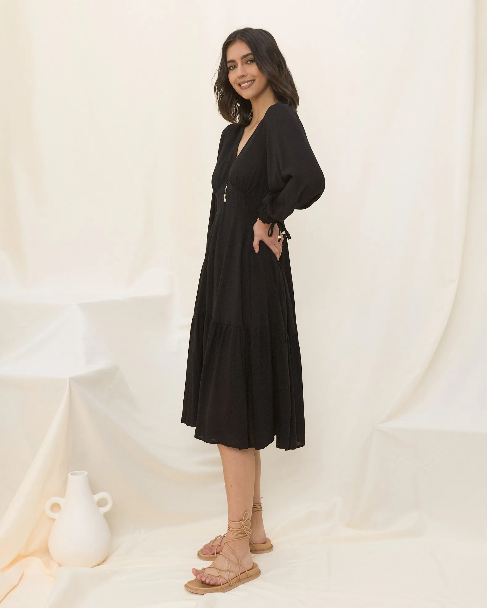 Lenora Black Long Sleeve Midi Dress