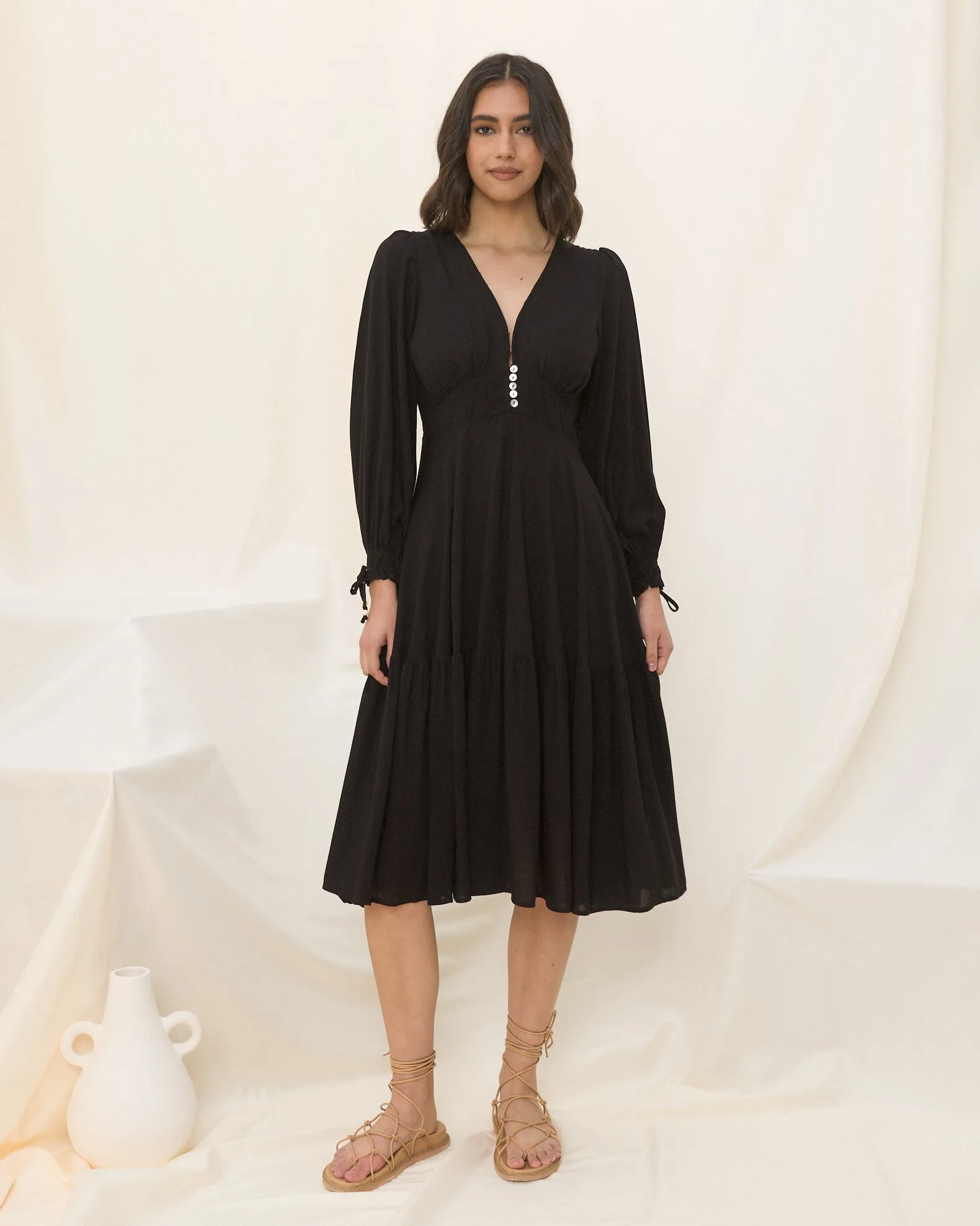 Lenora Black Long Sleeve Midi Dress