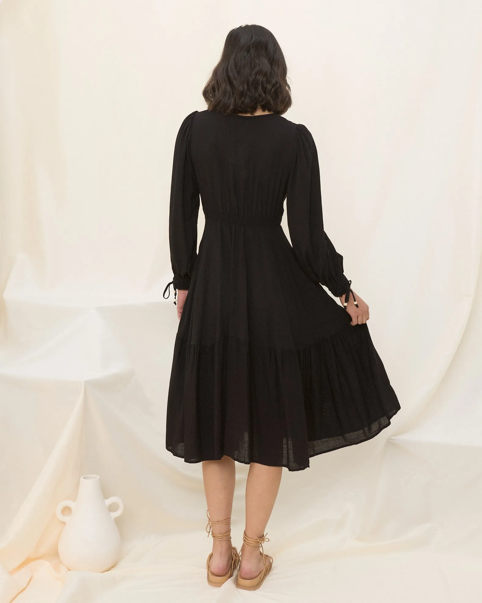 Lenora Black Long Sleeve Midi Dress