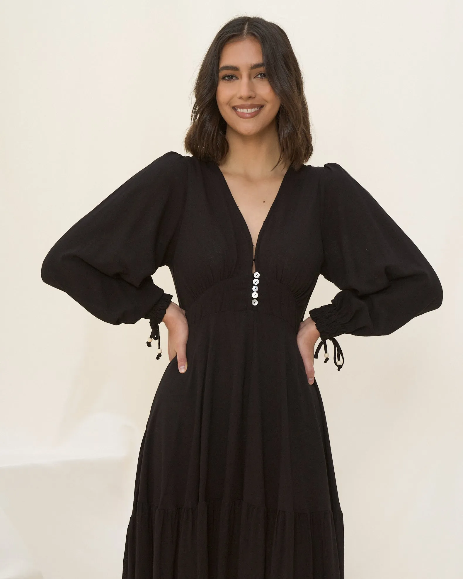 Lenora Black Long Sleeve Midi Dress