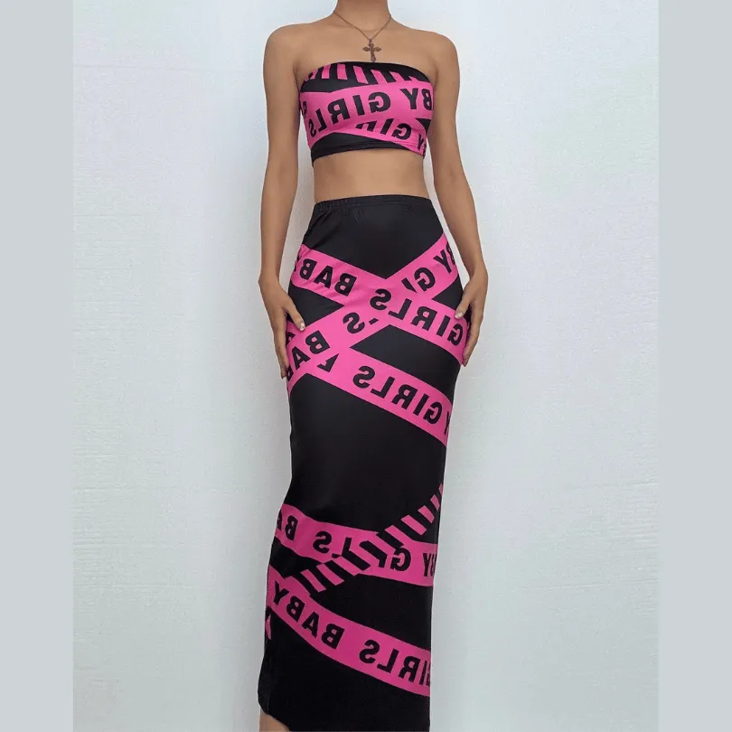 Letter print tube maxi skirt set