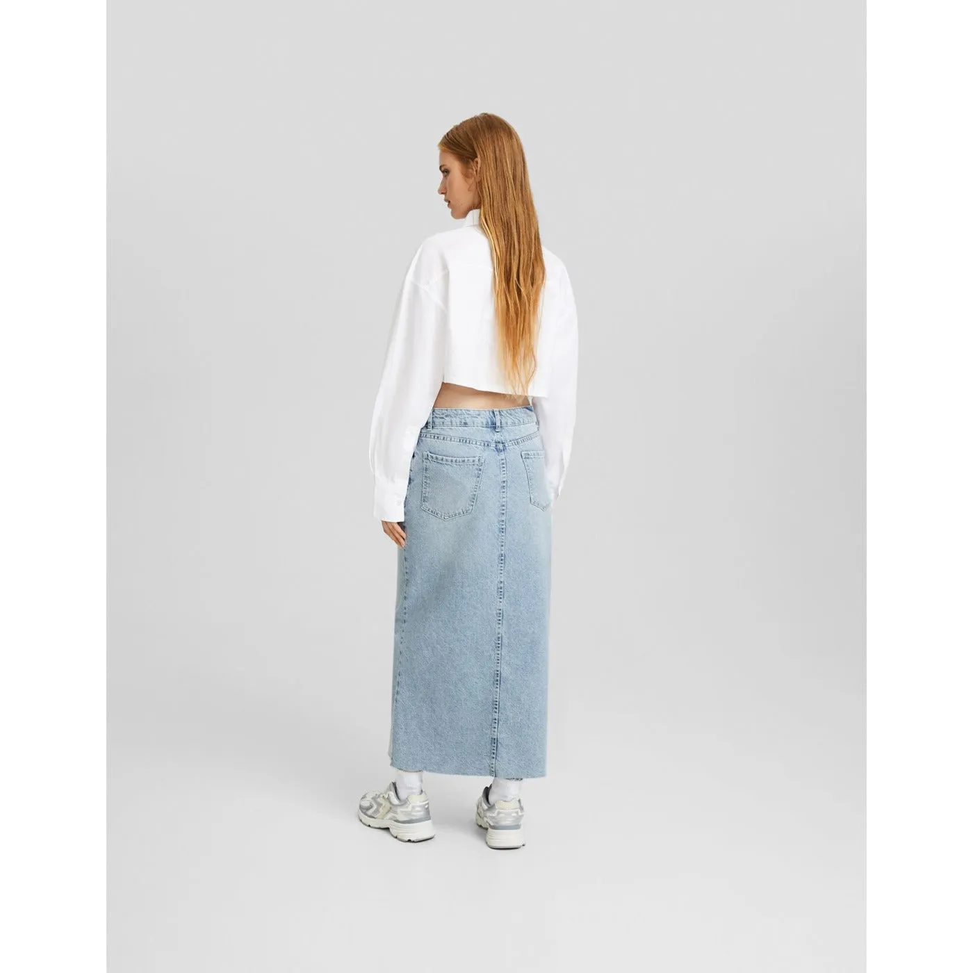 Light Blue Front-Slit Midi Jean Skirt