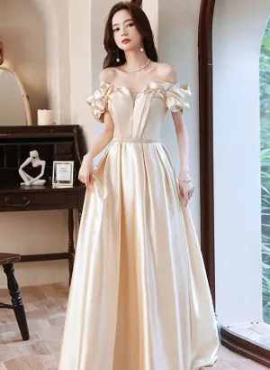 Light Champagne Satin Sweetheart Beaded Party Dress, A-line Satin Prom Dress