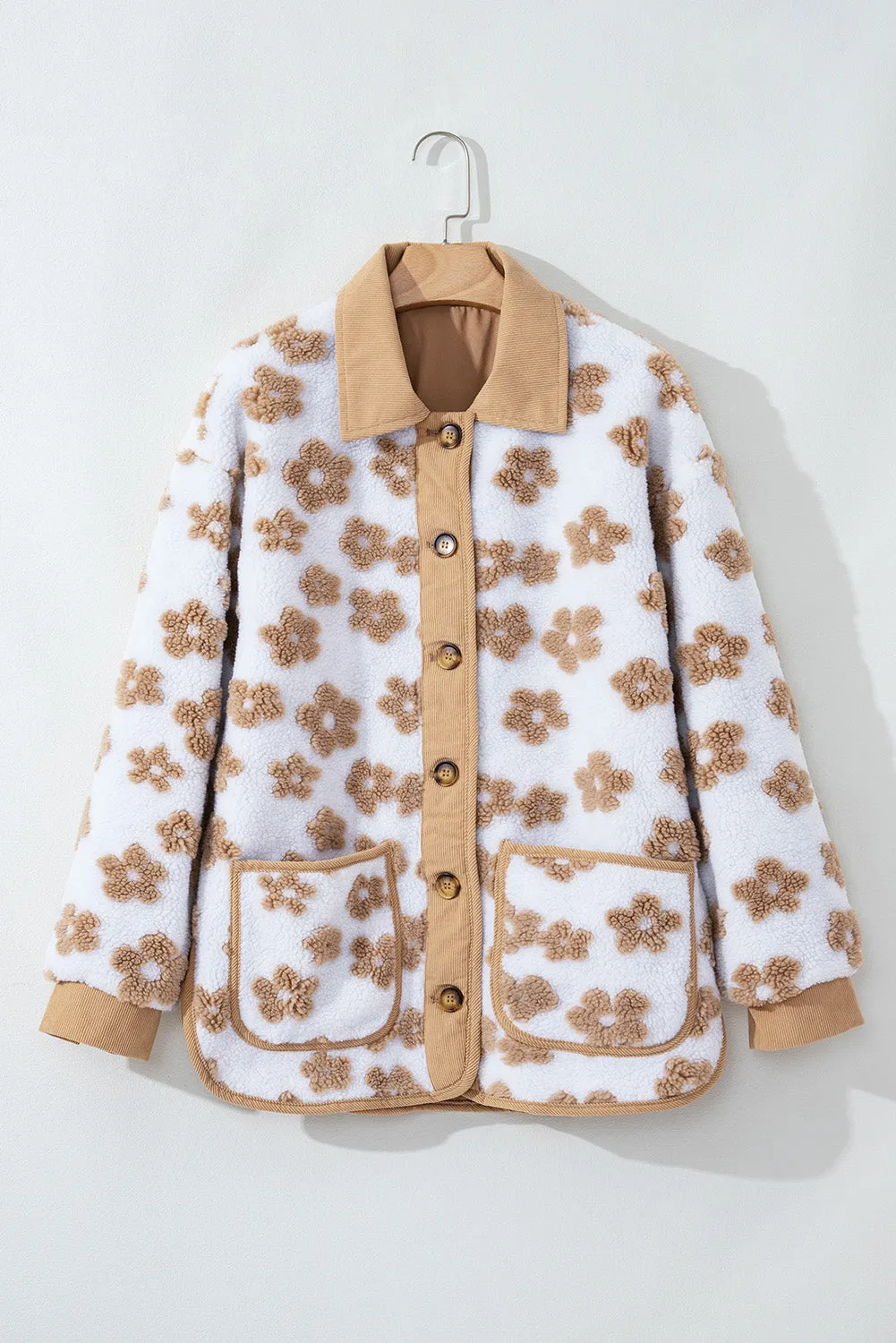 Light French Beige Cute Flower Pattern Button Up Fleece Jacket