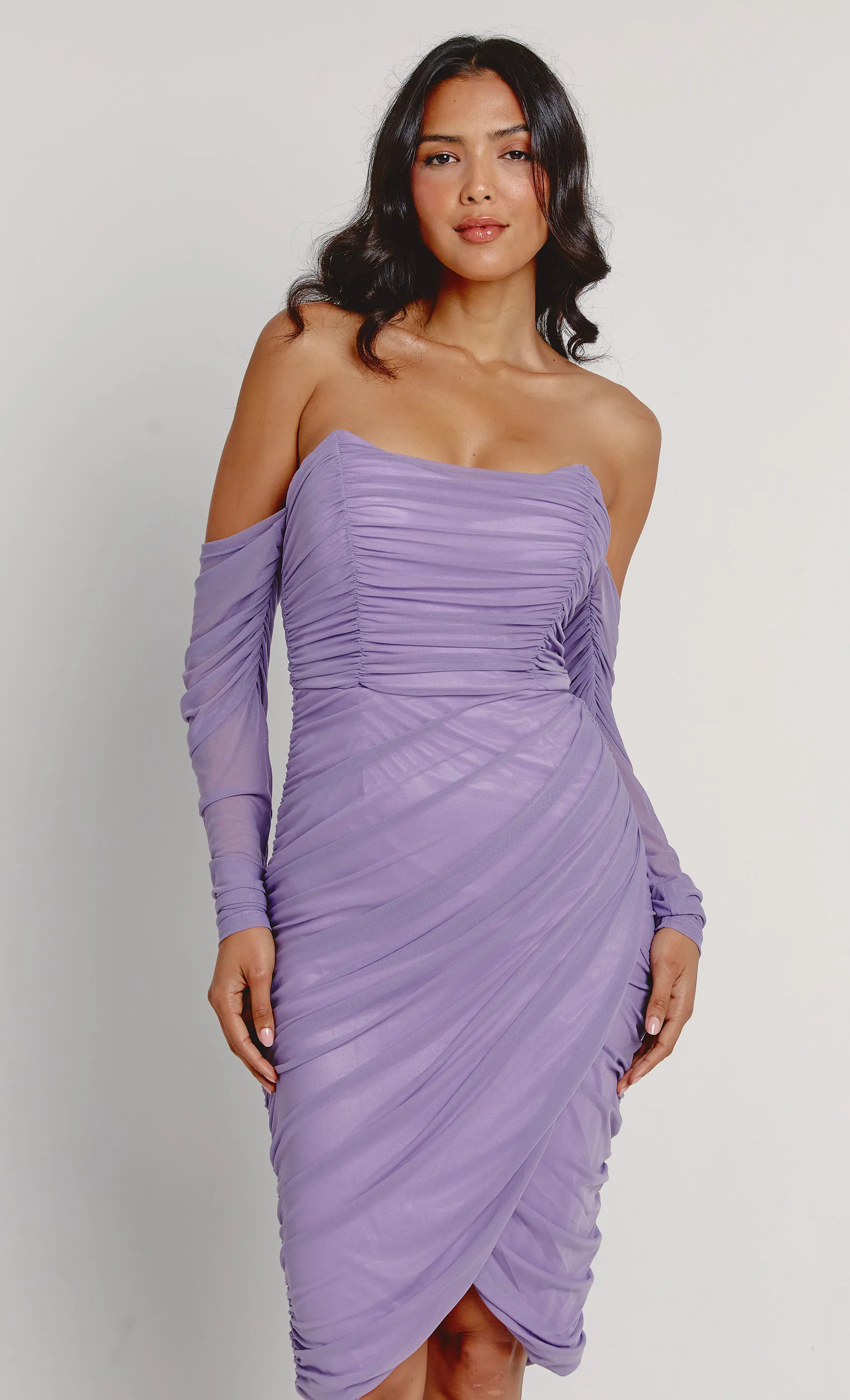 Lilac Bardot Mesh Drape Dress