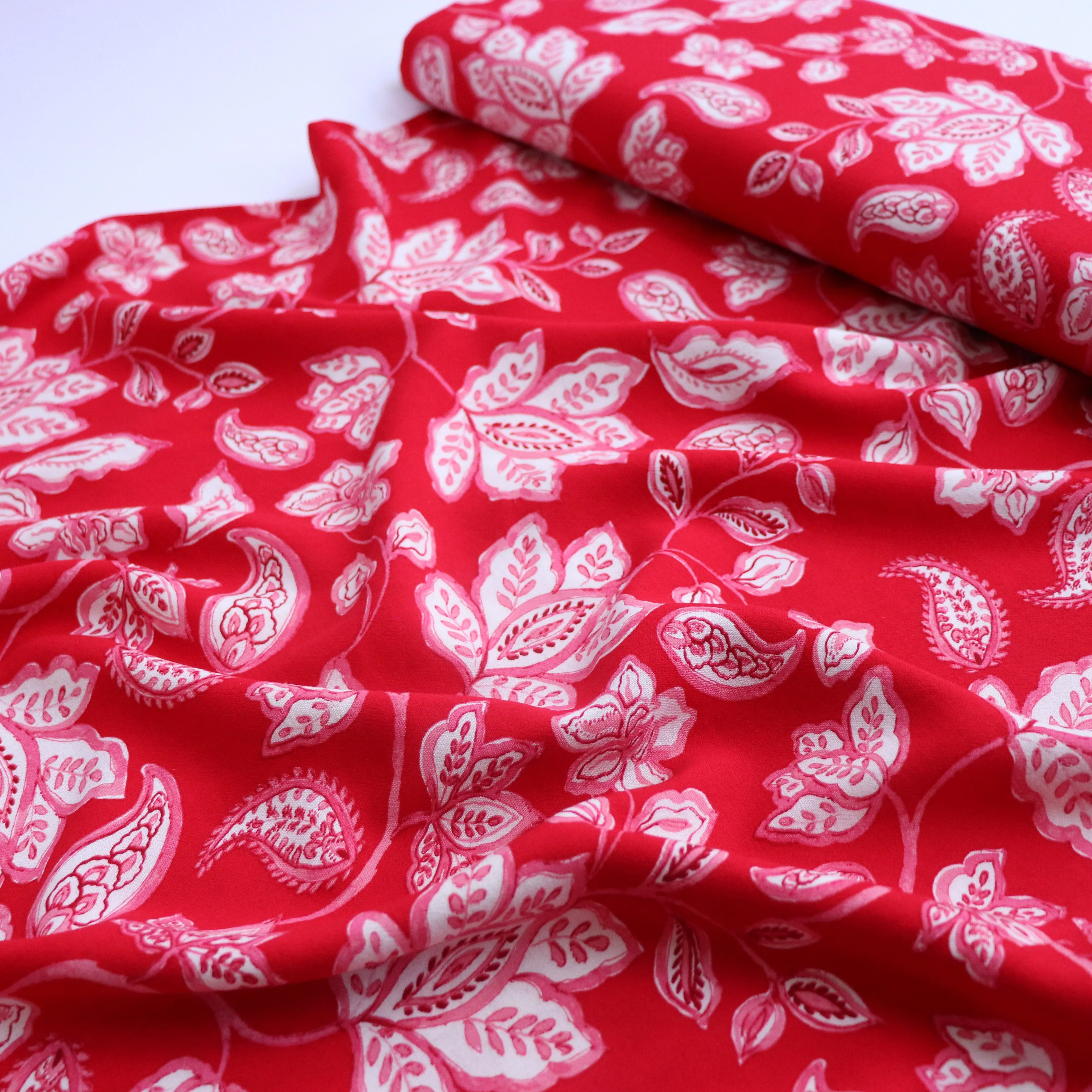 Linen Viscose - Block Print Artisan Floral - Red - END OF BOLT 28cm